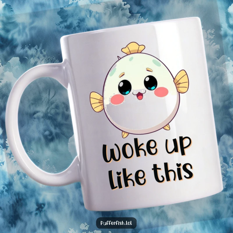 Funny kawaii pufferfish mug, inflating with a surprised happy expression, showing off its cute and puffy underwater charm.