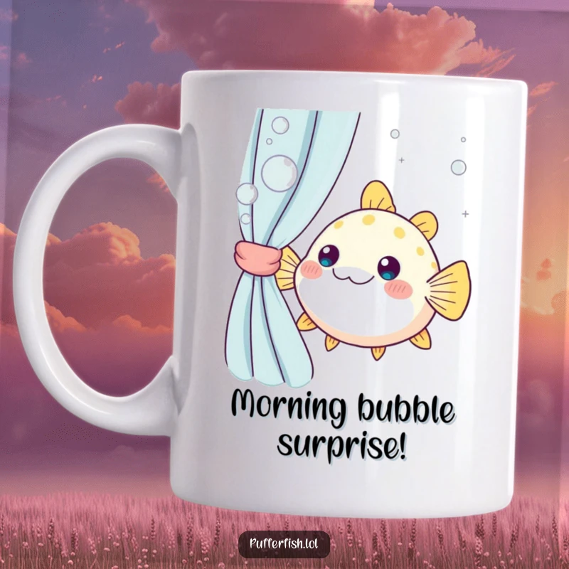 Funny kawaii pufferfish peeking shyly from behind a curtain of playful, sparkling bubbles, an adorable and humorous ocean-themed gift.