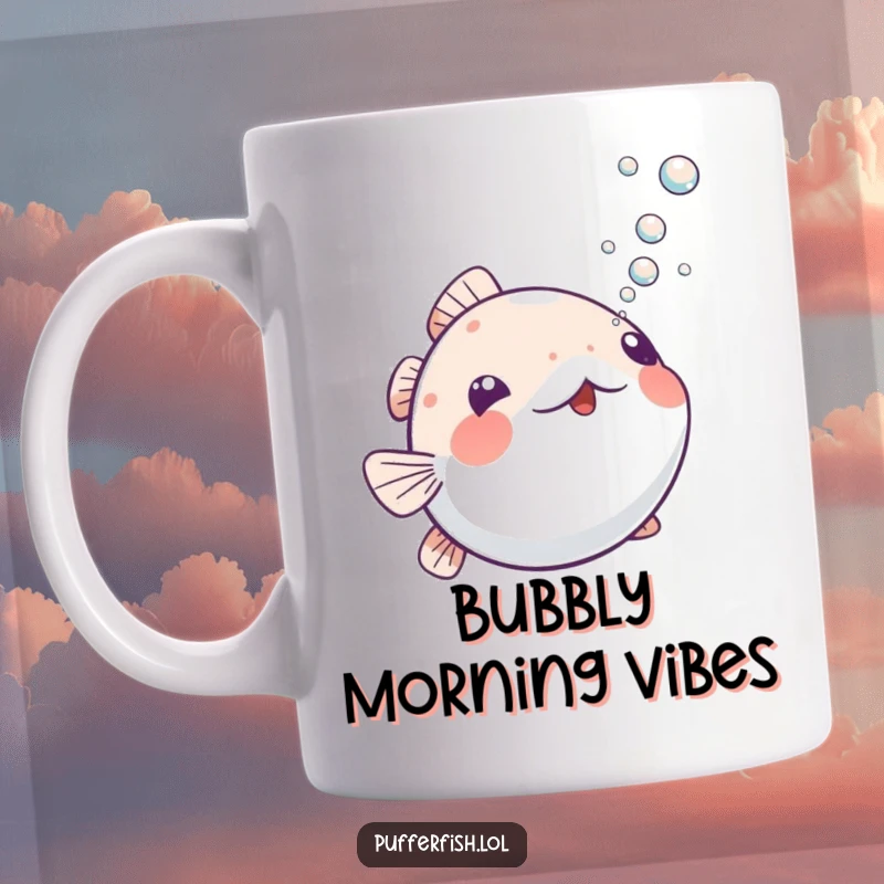 Funny Playful Pufferfish Mug: A happy pufferfish playfully blowing a stream of small bubbles upwards, creating a whimsical underwater scene.