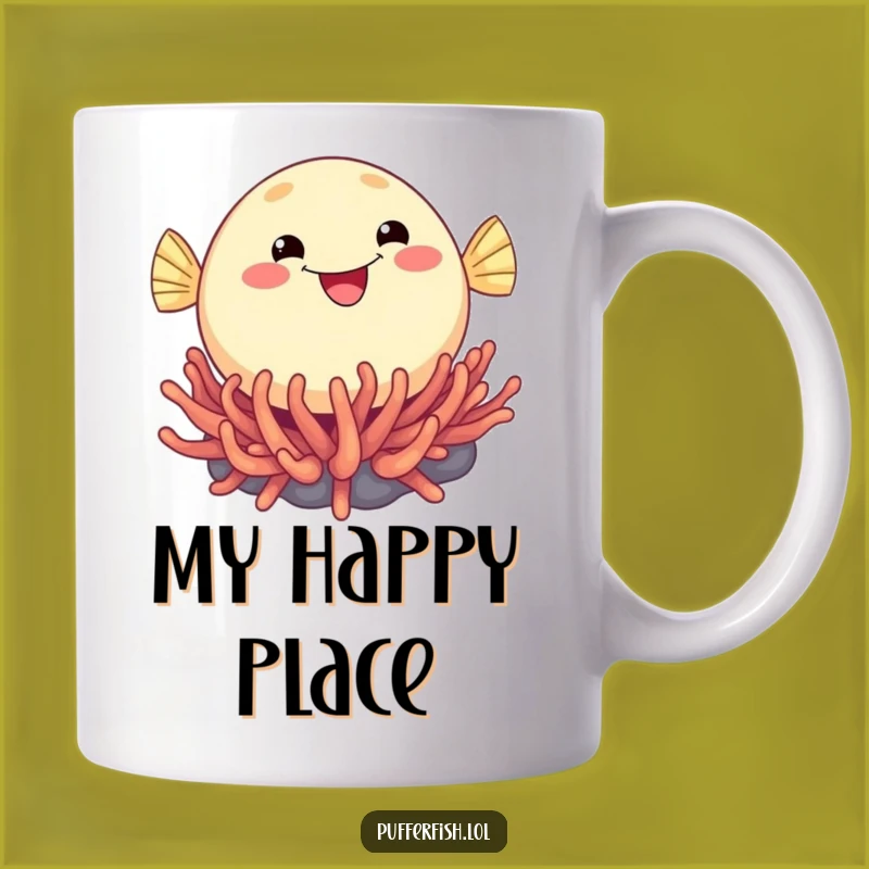 Funny Pufferfish Bounce Mug: Adorable Smiling Fish on Anemone, Perfect Funny Gift