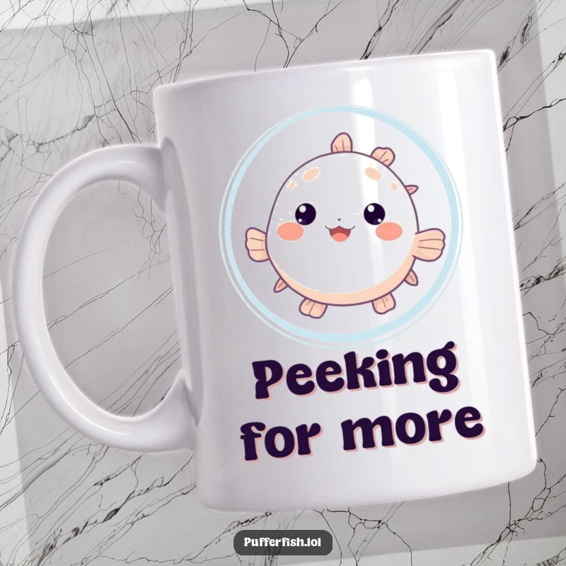 Funny Pufferfish Bubble Mug: A cute pufferfish playfully peeks out from behind a large, transparent bubble, showing curiosity.