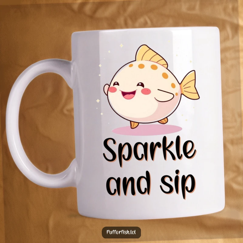 Funny mug showcasing a happy, round pufferfish joyfully dancing amidst a shower of shimmering sparkles, radiating pure celebration.
