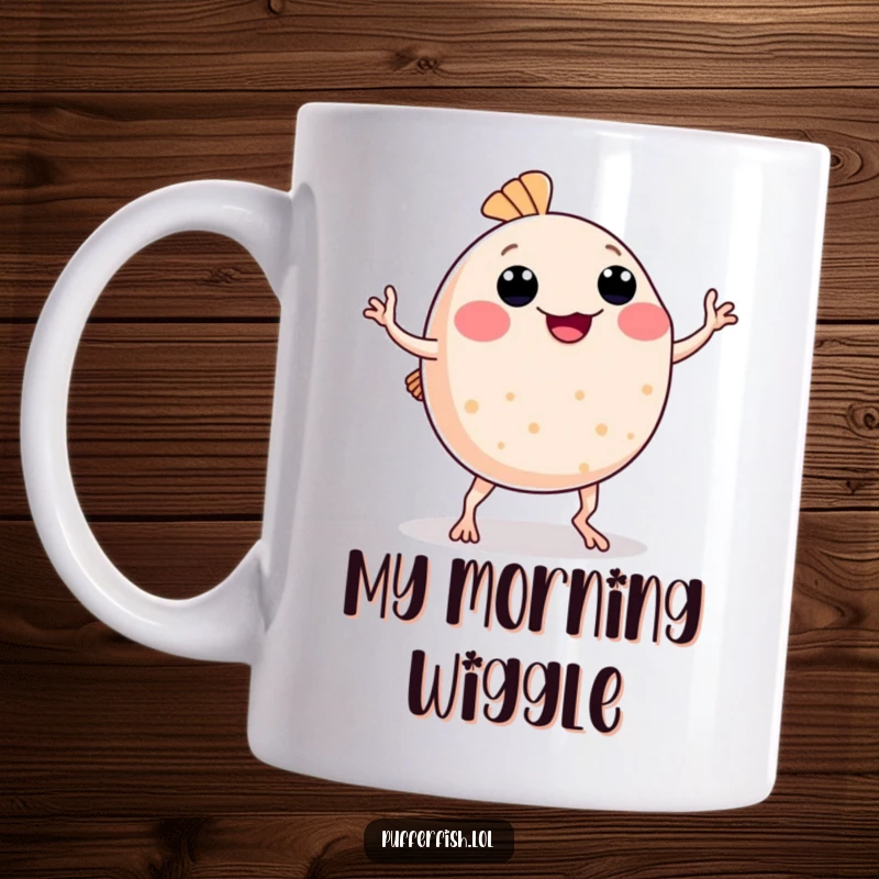 Funny Pufferfish Mug: A cartoon pufferfish enthusiastically doing a silly dance with comically wobbly arms and legs, full of energy.