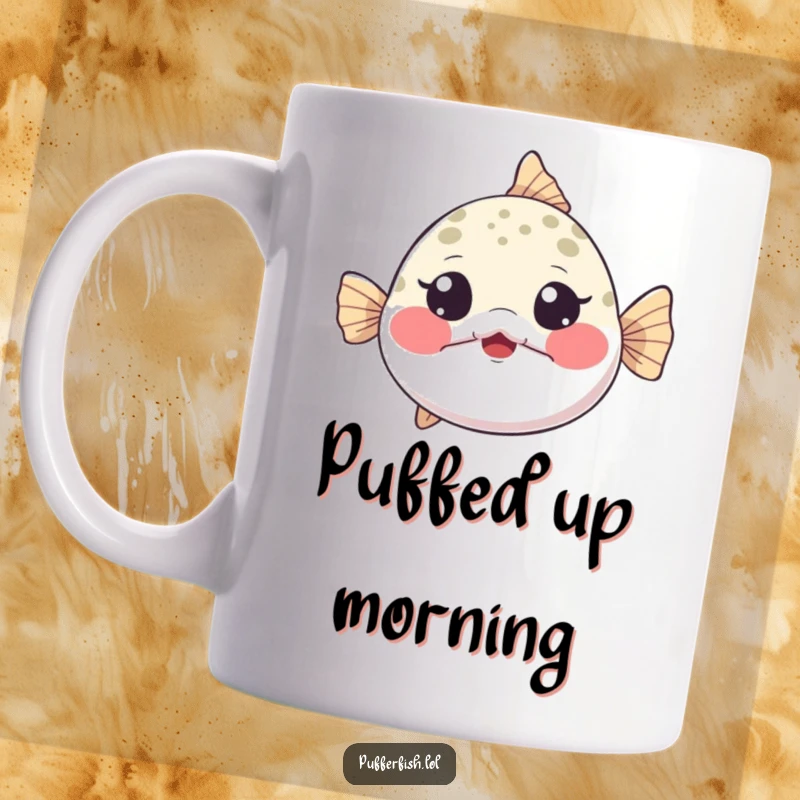 Funny Mug featuring a tiny pufferfish inflating dramatically, cheeks puffed, eyes wide with playful surprise, hilariously expressive.