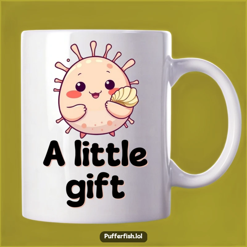 Funny Pufferfish Seashell Mug: Friendly Fish Offering Gift, Perfect Funny Gift