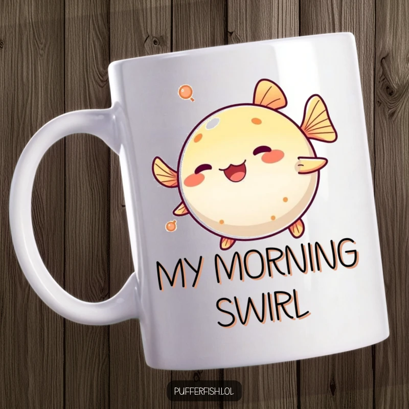 Funny Pufferfish Spinning Mug: A cute pufferfish is playfully spinning in a circle, radiating pure, unadulterated delight and fun.