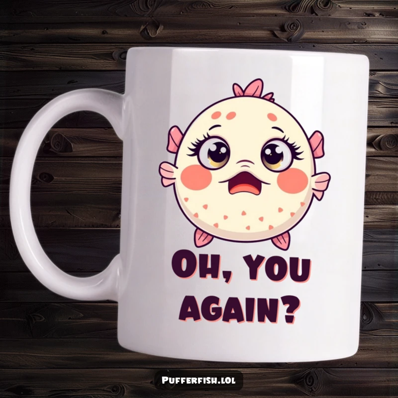 Funny Kawaii pufferfish with enormous, wide eyes, making a shocked and surprised face, printed on a coffee mug.