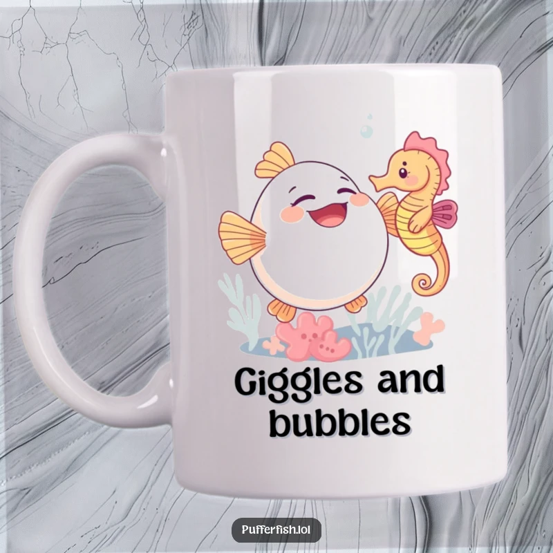 Funny mug showing a cute pufferfish giggling uncontrollably while a gentle seahorse playfully tickles its belly.