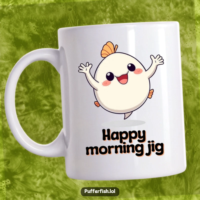 Funny Mug: A happy pufferfish is depicted doing a silly dance with arms waving gleefully, radiating pure, infectious joy.