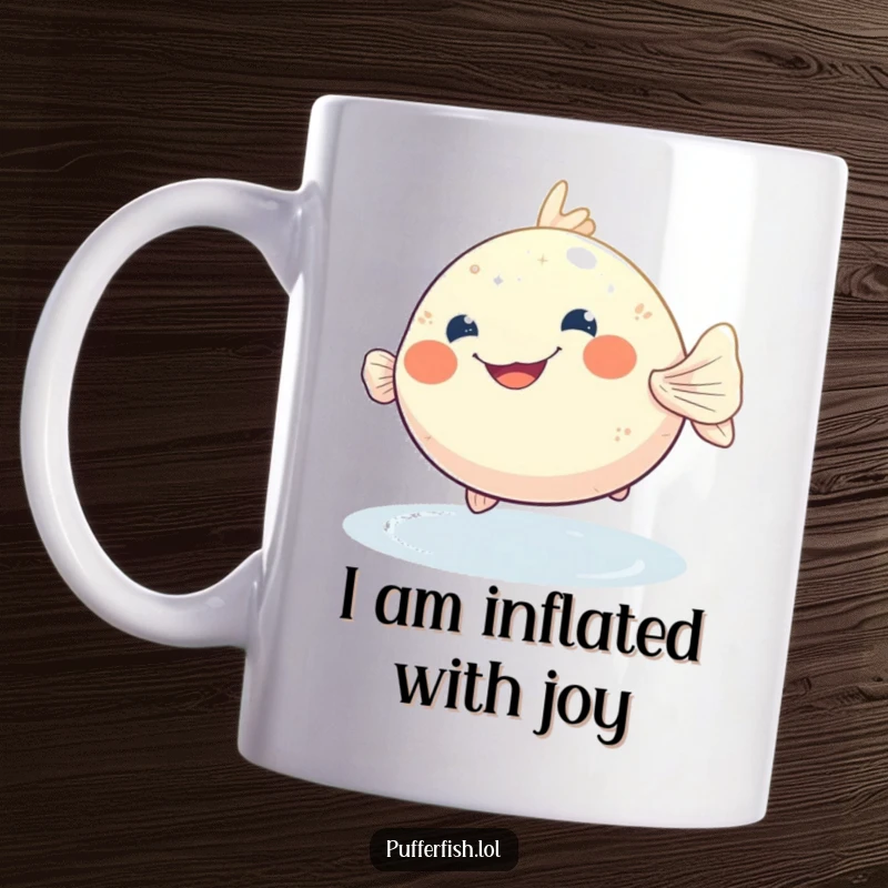 Funny pufferfish mug with a wide, happy grin, bobbing joyfully in sparkling blue water, radiating pure delight.