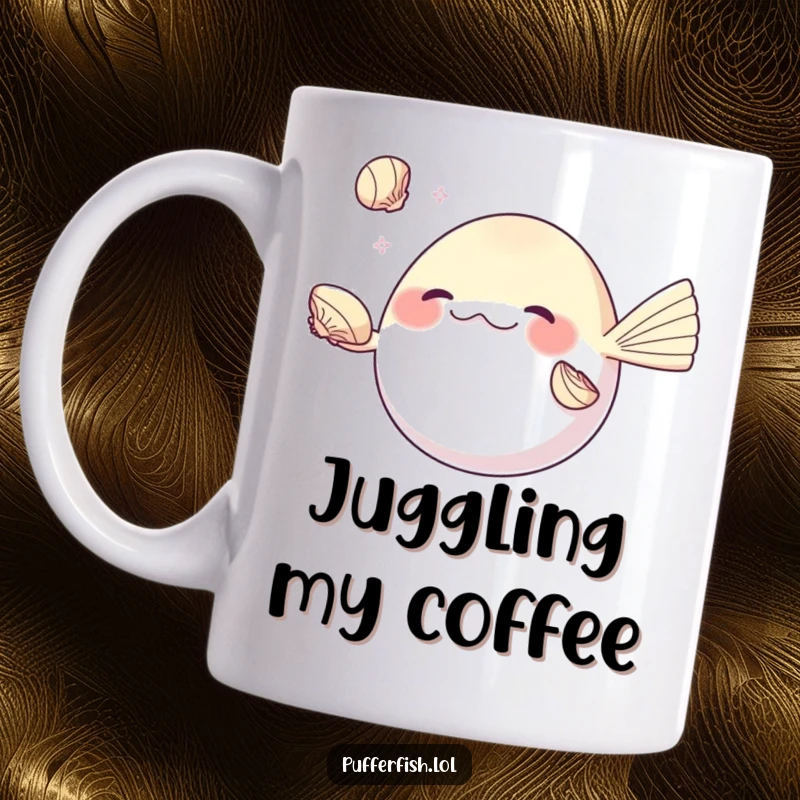 Funny pufferfish mug, skillfully juggling three small, shiny seashells using its fins, a talented and humorous marine performer.