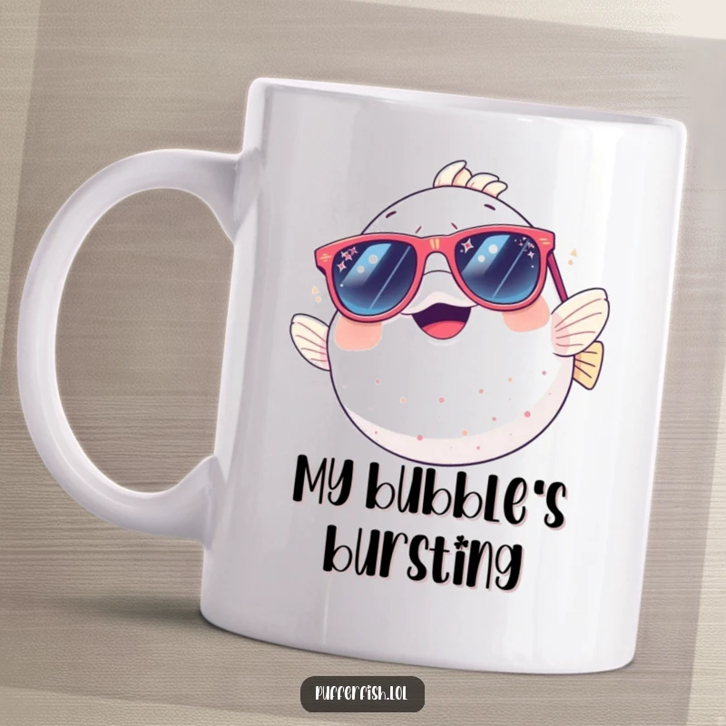 Funny pufferfish mug with a happy pufferfish giggling uncontrollably while wearing large, shimmering sunglasses for a comical effect.