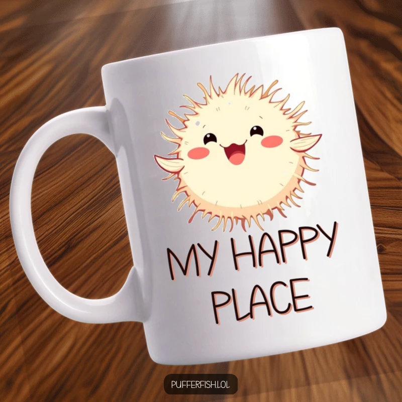 Funny Pufferfish Mug showing a fluffy pufferfish joyfully spinning in a perfect circle, radiating pure happiness and fun.