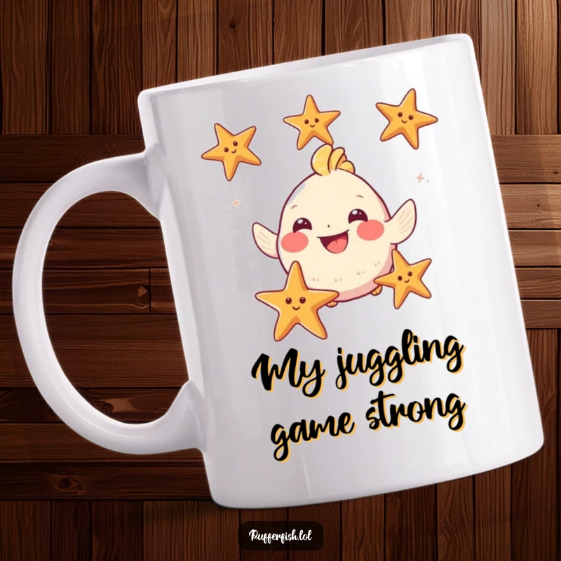 Funny Puffy Fish Mug: A grinning fish energetically juggles three starfish, showcasing its playful and talented personality in a humorous scene.