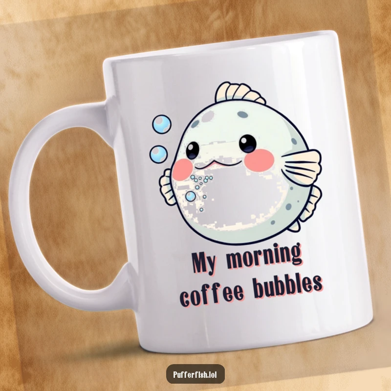 Funny Pufferfish Mug: A cartoon pufferfish playfully blowing a stream of tiny, iridescent bubbles directly at the viewer with a cheerful expression.