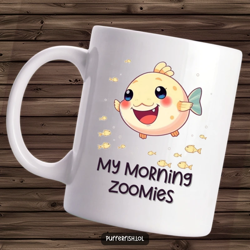 Funny Pufferfish Mug: A cheerful pufferfish joyfully chases a shimmering school of tiny fish underwater.