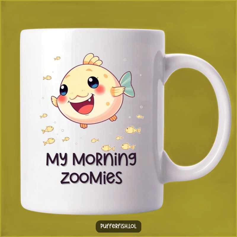 Funny Pufferfish Joy Mug: A Happy Fish Chasing Tiny Fish, Perfect Gift!
