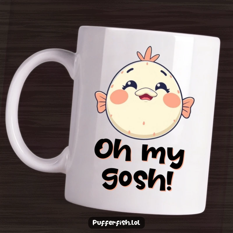 Funny kawaii pufferfish mug featuring a cute face with a comically surprised expression, perfect for lovers of adorable and humorous designs.