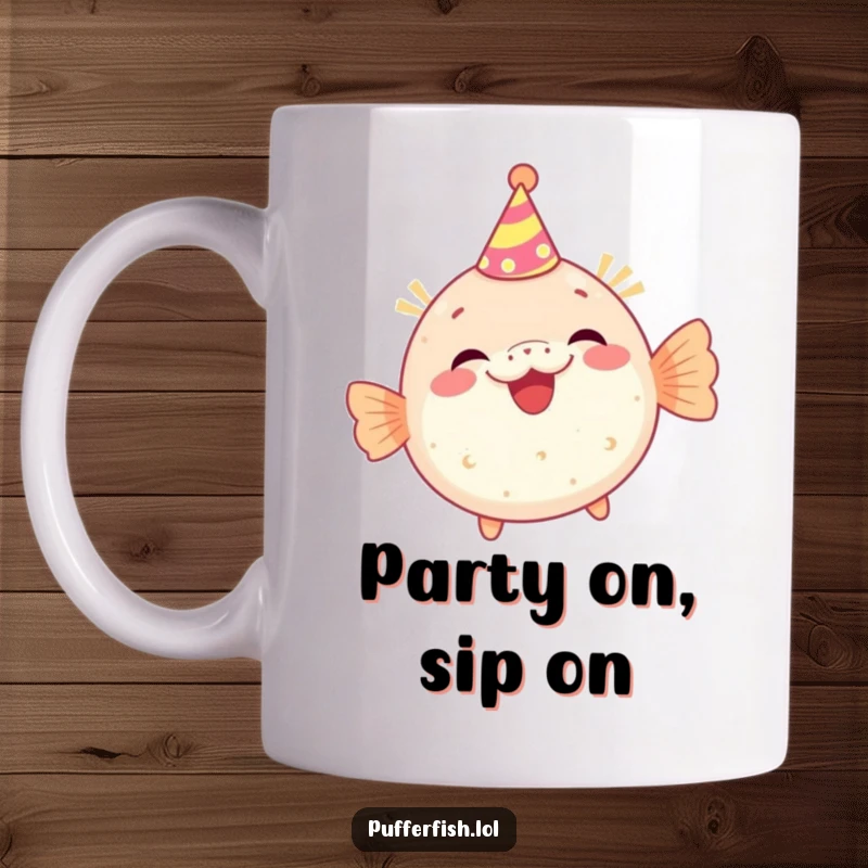 Funny mug showcasing a pufferfish character wearing a tiny party hat and giggling, embodying pure, unadulterated celebratory fun.