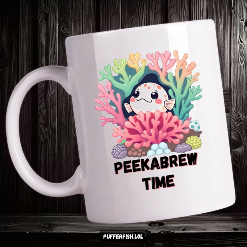 Funny Curious Pufferfish Mug: A pufferfish peeking playfully from behind a large, colorful coral reef, its eyes wide with curiosity.