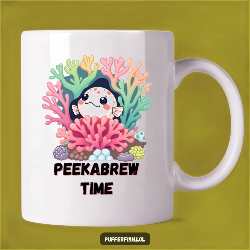 Funny Curious Pufferfish Coral Mug: Hilarious Hidden Ocean Surprise Gift