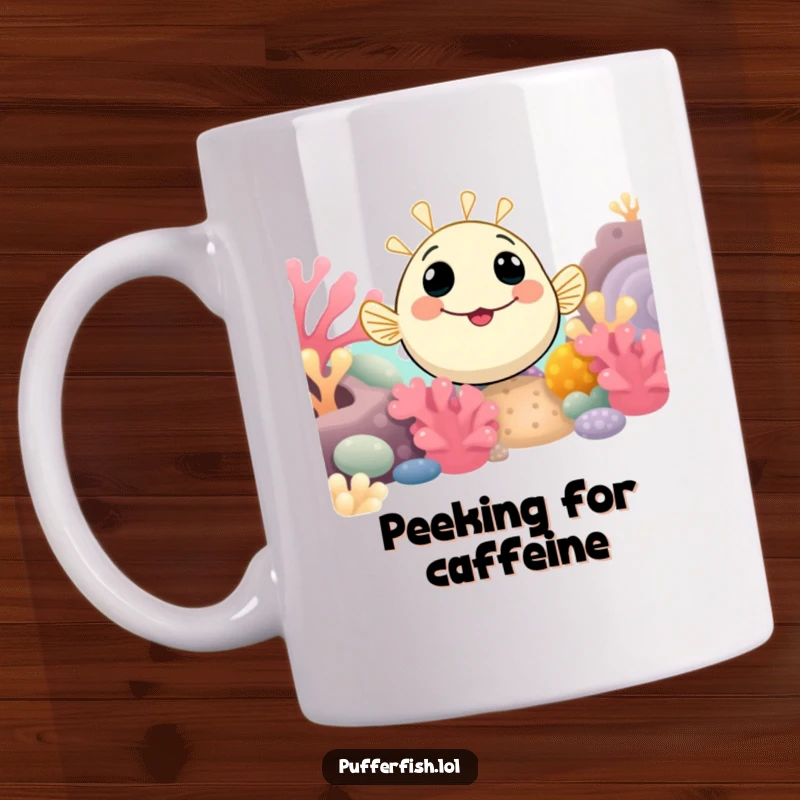 Funny Pufferfish Mug showing a smiling pufferfish curiously peeking out from behind a vibrant coral reef, inviting interaction.