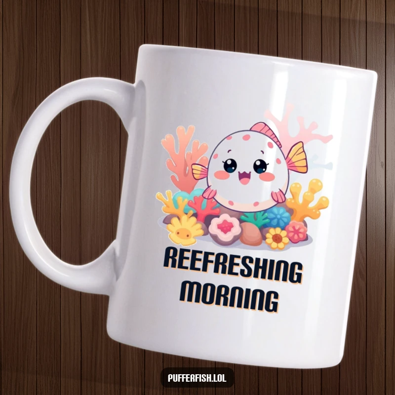 Funny Kawaii pufferfish mug, a cute fish excitedly exploring a vibrant, colorful coral reef with a curious expression.