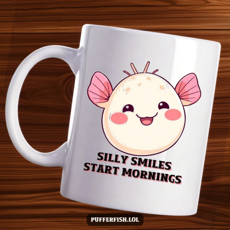 Funny kawaii pufferfish mug, waving fins with a silly smile, radiating cute and quirky charm, a delightful funny gift.
