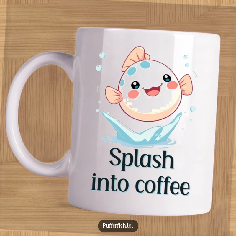 Funny Mug featuring a Kawaii pufferfish joyfully leaping out of a water splash, surrounded by trailing bubbles, incredibly cute.