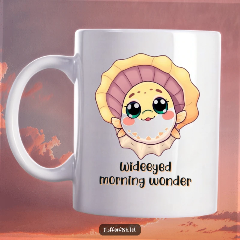 Funny Mug: A curious pufferfish with wide eyes peeks out from behind a large, vibrant seashell, suggesting a playful ocean hide-and-seek.