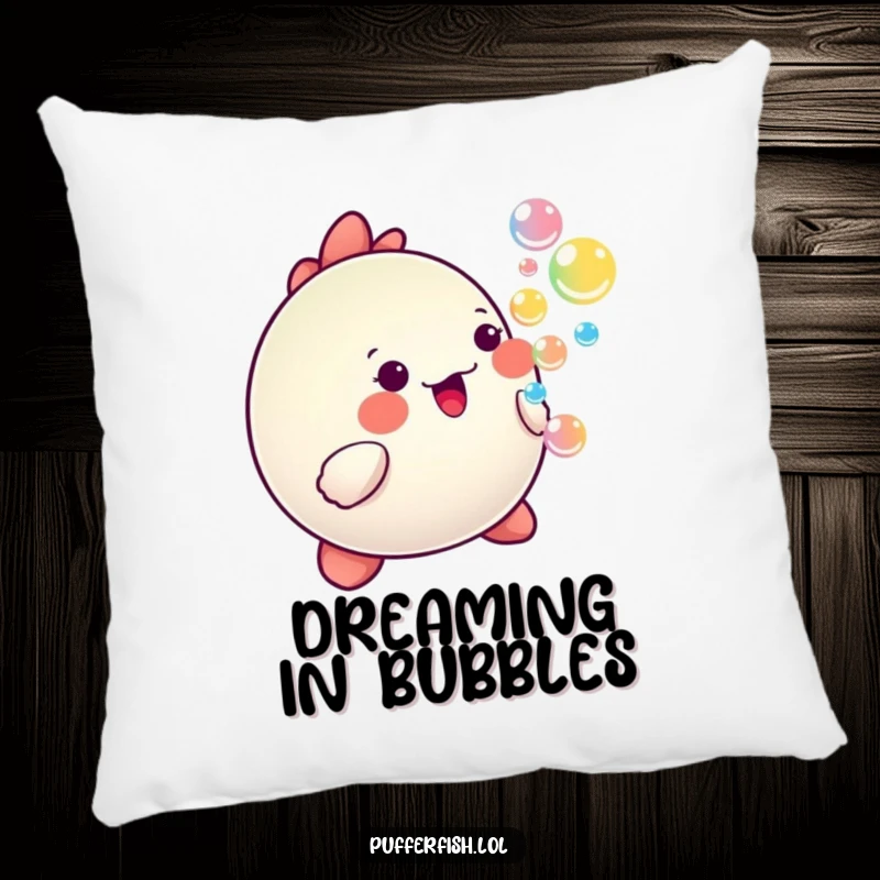 Funny Kawaii pufferfish blowing colorful, happy bubbles, depicted as a soft and cheerful decorative pillow.