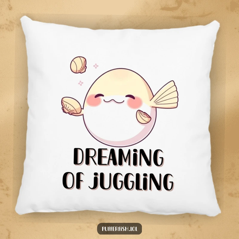Funny pufferfish pillow, skillfully juggling shiny seashells with its fins, a soft, comfortable, and humorous decor item.