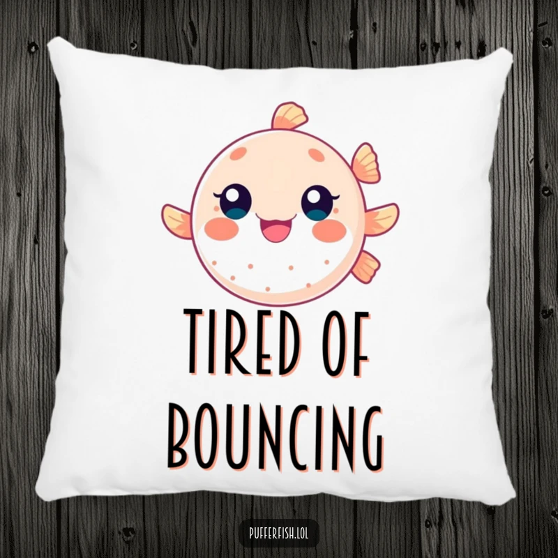 Funny pillow with a round pufferfish character happily bouncing, adding a soft and playful touch to any room.