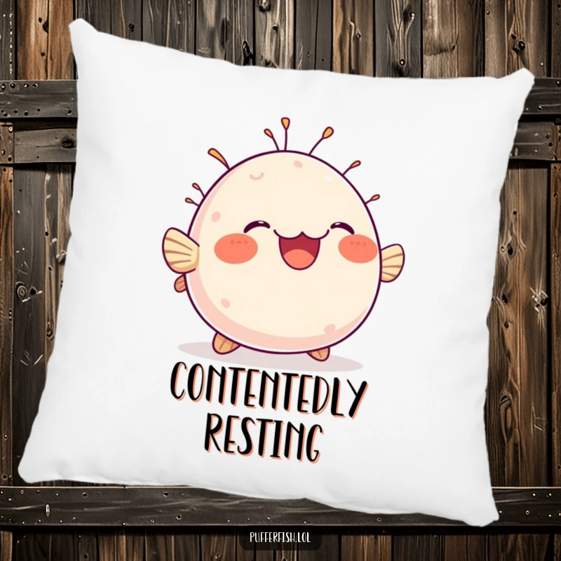 Funny pillow featuring a chubby, round pufferfish bobbing with an expression of pure delight, perfect for cozy, happy spaces.