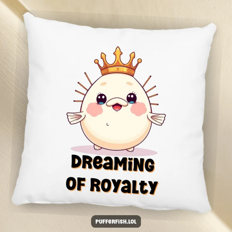 Funny pufferfish pillow, humorously balancing a tiny crown on its inflated head, a soft, comfortable, and regal decor item.