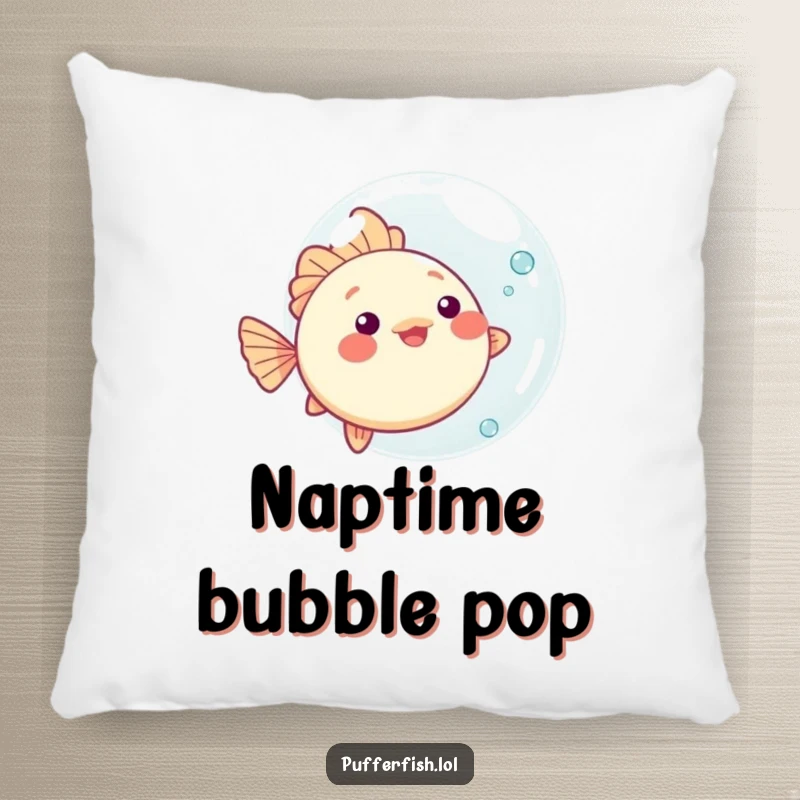 Funny kawaii pufferfish pillow, playfully bouncing a large bubble, providing cute and comfortable ocean-themed decor.