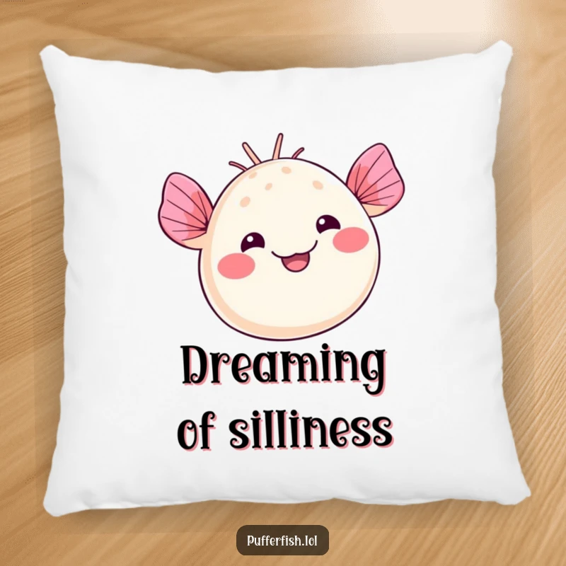 Funny kawaii pufferfish pillow, featuring a cute character waving with a silly smile, adding cozy charm and fun, funny gift.