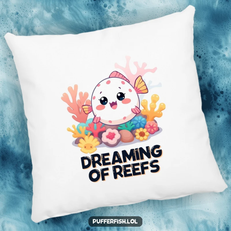 Funny Kawaii pufferfish pillow, a cute fish excitedly exploring a colorful coral reef, offering comfort and underwater enchantment.