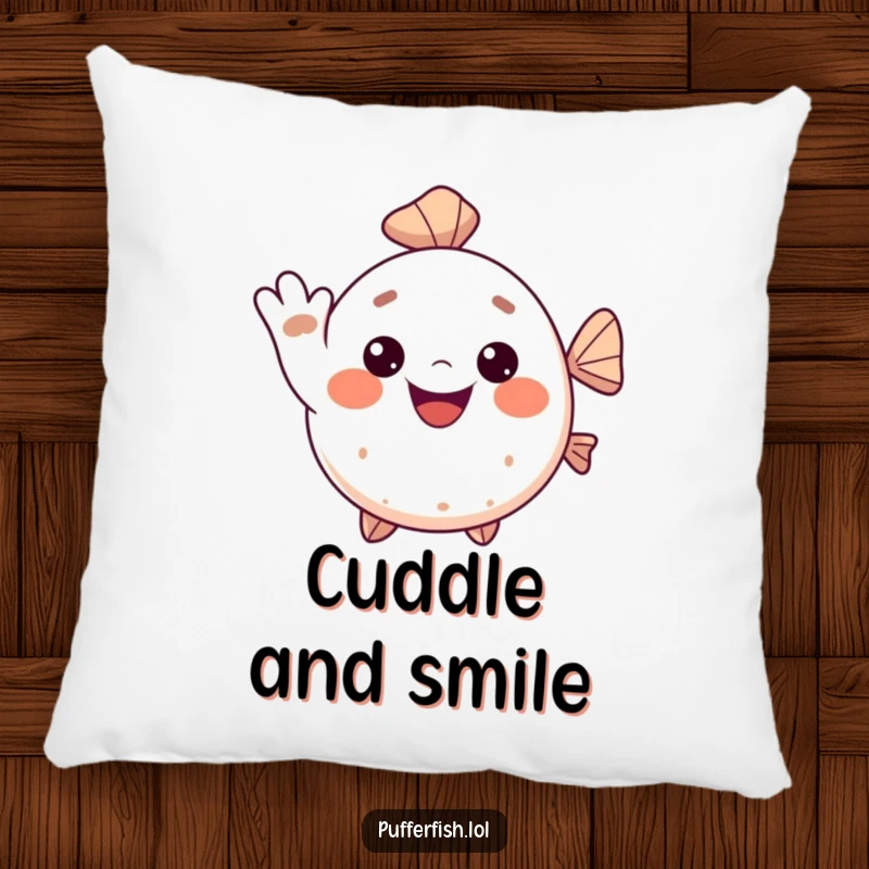 Funny Kawaii pufferfish pillow, a cute fish giving a cheerful wave with a big smile, offering comfort and happy vibes.