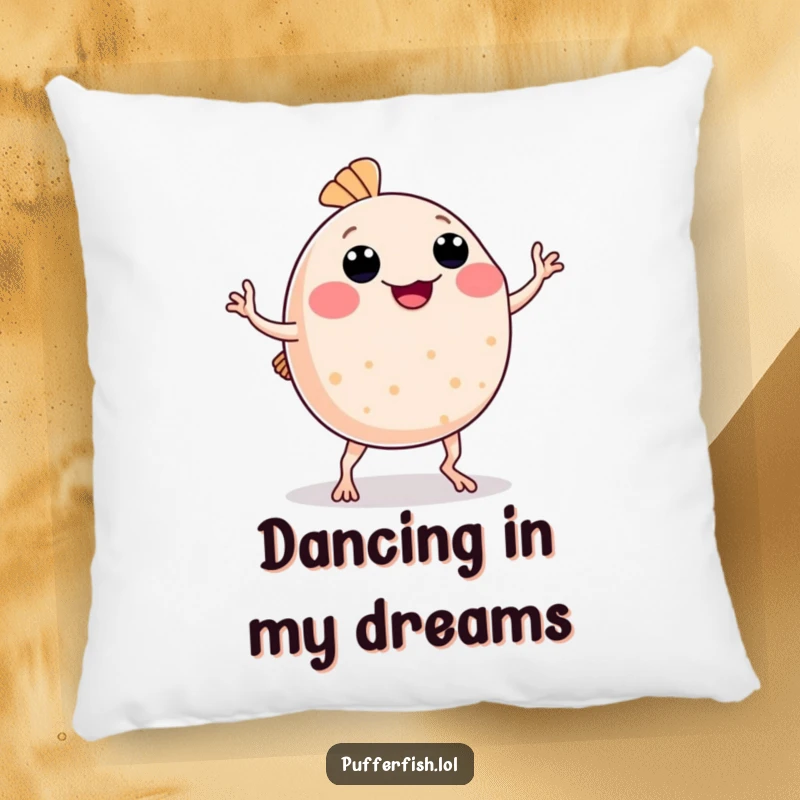 Funny Pufferfish Pillow: A decorative pillow featuring a pufferfish comically dancing with wobbly arms and legs, perfect for playful comfort.