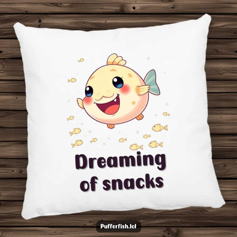 Funny Pufferfish Joy Pillow: A soft, decorative pillow featuring a happy pufferfish joyfully chasing a school of tiny, shimmering fish.