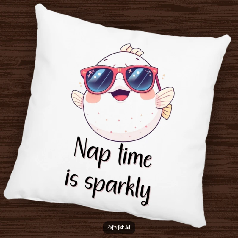 Funny pillow: a plump pufferfish giggling joyfully, adorned with oversized, sparkly sunglasses, offering softness and humor for relaxation.