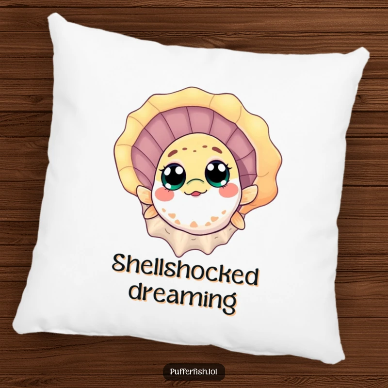 Funny Pillow: A curious pufferfish peeks from behind a large seashell, offering humorous and soft decor for ocean lovers.