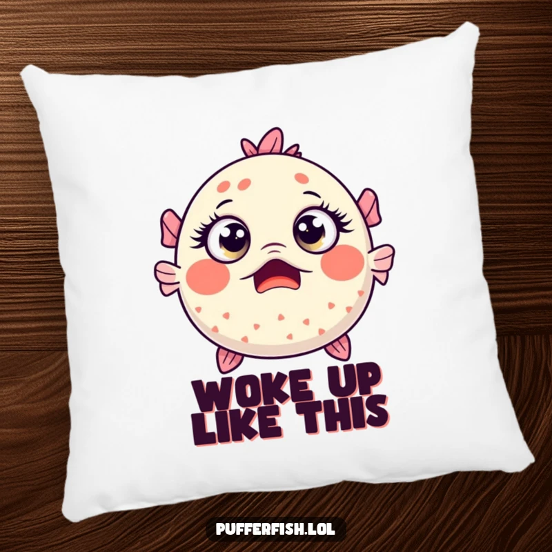 Funny Kawaii pufferfish with wide, surprised eyes, depicted as a soft and humorous decorative pillow.