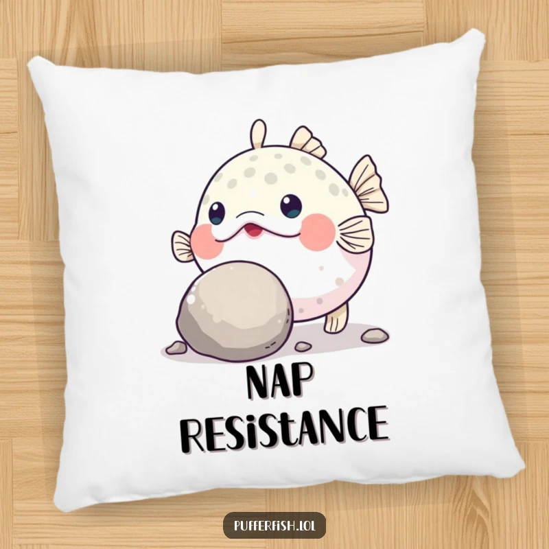 Funny Pufferfish Grit Pillow: A soft pillow featuring a determined pufferfish humorously pushing a large, round pebble with its nose.