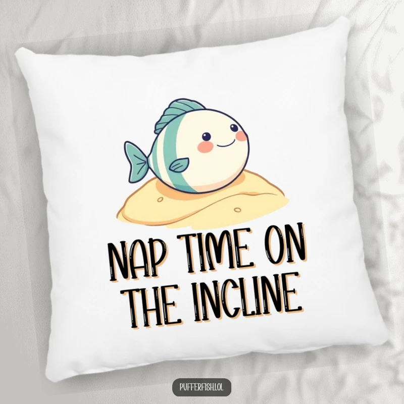 Funny pillow featuring a very round fish character pure glee rolling down a sandy hill, a soft and humorous decorative accent.