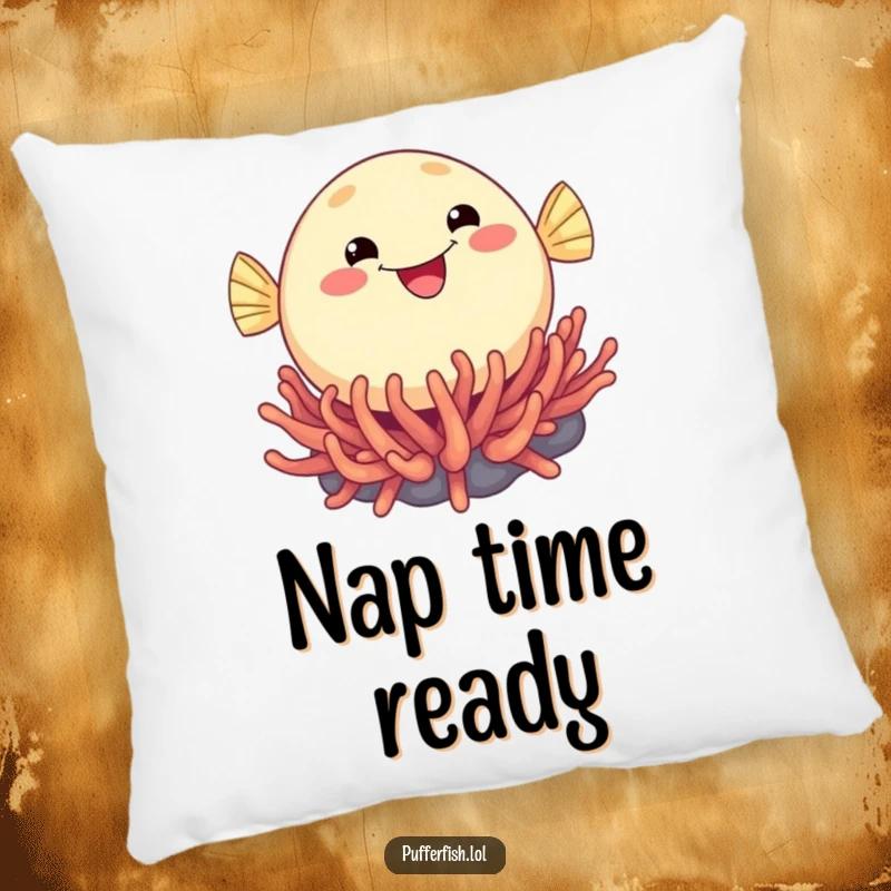 Funny pillow designed with a round, beaming pufferfish joyfully bouncing on a textured sea anemone, providing snuggly, humorous decor.