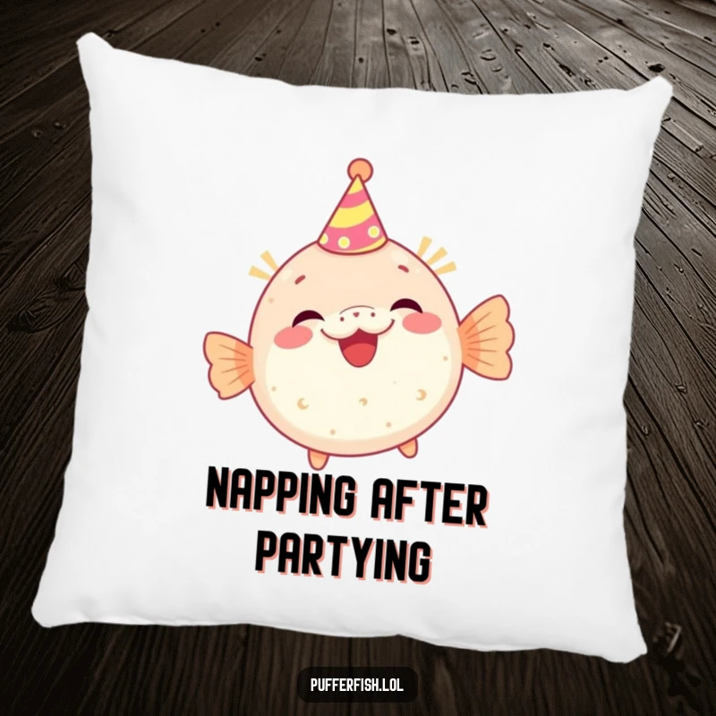 Funny pillow with a pufferfish character wearing a tiny party hat and giggling, adding a soft and cheerful touch to any room.