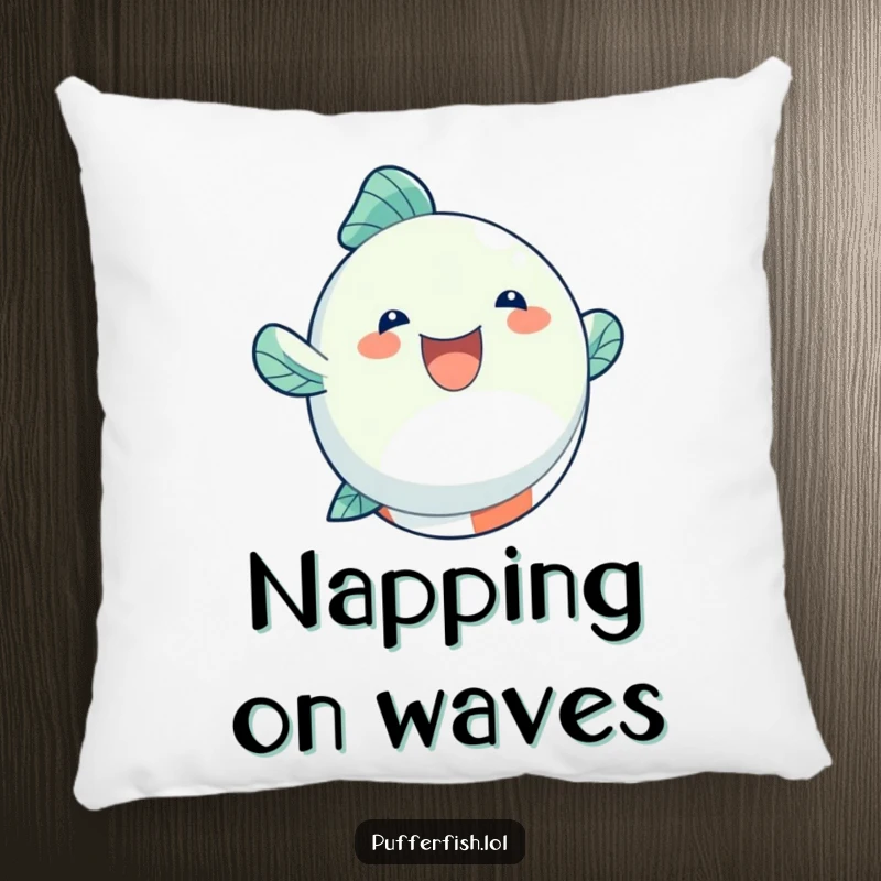 Funny Pillow featuring a round, inflated fish character joyfully bouncing on a beach ball, adding a fun summer vibe.