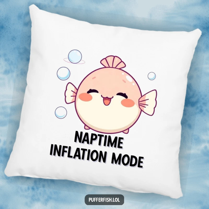 Funny pufferfish pillow blowing cheerful bubble rings, a soft and cute decorative item with a humorous design.